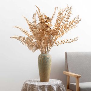 Flores secas douradas de plástico artificial, eucalipto, bordo, folha de palmeira, planta, natal, casamento, casa, sala de estar, decoração de mesa, organizar