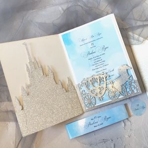 Gratulationskort Skriv ut anpassat tema Castle and Carriage Tri Fold Luxury Laser Cut Wedding Invitation Cards Birthday Party Favor Decoration 230614