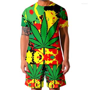 Agasalhos masculinos 2023 3D verde Lucky Leaf Pattern Camiseta masculina gola redonda Terno moda e shorts femininos Sportswear 5XL