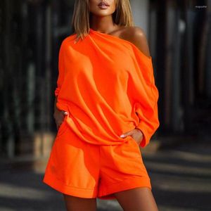 Women's Tracksuits 2023 Summer Holiday Women O Neck Casual Top & Pocket Detail Shorts Set Two Piece Tracksuit Clothes One Shoulder Beach