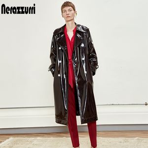 Damenjacken Nerazzurri Langer wasserdichter Trenchcoat aus schwarzem Lackleder für Damen, zweireihig, schillernd, übergroß, 7XL 230615