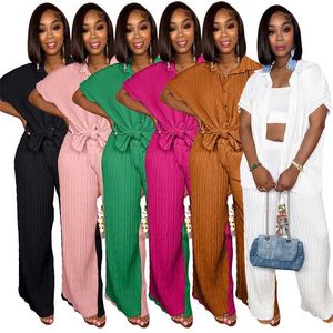 Women's Spring Summer Tracksuits 2 Piece Set Tree Pattern Pleated Fabric Short Sleeve Blouses Shirts And Wide Leg Pants Suit