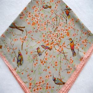 2015 Birds Pattern Pink Flowers Mulberry Silk Manual Edge Silk Twill Women Infinity Square Scarf Pure Silk Shawl8387411284t