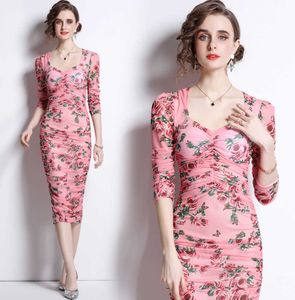 2023 Sexy Slim Floral Party Skinny Dress Mujeres Diseñador de lujo Manga larga Cuello cuadrado Holiday Sweet Girl Vestidos de baile Primavera Otoño Office Lady Printed Bag Hip Frock