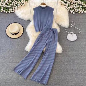 Women's Blouses 2023 Women's Summer Chic Knitted Shirts Pants Suits Office Lady Fashion Sleeveless Slim Tops Crepe Y2k 2PCS Set Outfits