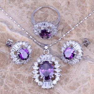 Colar Brincos Conjunto Roxo Zircônia Cúbica Branca CZ Pingente Banhado a Prata Tamanho do Anel 6 / 7 8 9 10 S0070