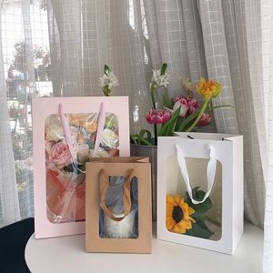 Gift Wrap Simple With Creative Window Opening Transparent Bouquet Tote Bag Marble Kraft Paper Scarf Toy Daily Gift Packaging Bag 230614