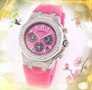 Ice Out Hip Hop Women's Leisure Diamonds Ring Watches 37mm gummibälte kvartsrörelse klocka Rose Guldkalender Guldarmband Stoppur armbandsur gåvor