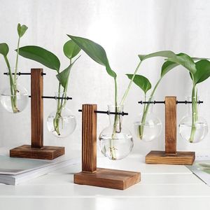 Vases 1Pc Glass Vase Desktop Hydroponic With Wooden Tray Home Decoration Plants Bonsai Flower Pots Transparent Tabletop
