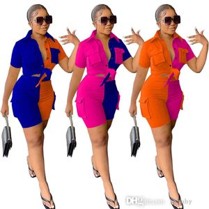 Sommer Trainingsanzug Frauen Mode Kleidung Zwei Stück Set Farbe Kontrast Kurzarm Hemd Tasche Shorts Casual 2PCS Anzug Outfits