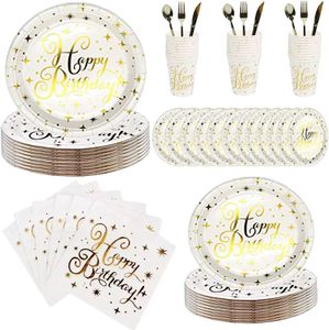 112 PCS Bronzing Gold Happy Birthday Party Supplies Pratos de papel Pontos Conjunto de aniversário frustrado para porções 16 convidados Inclui pratos, copos, guardanapos, garfos, facas, colheres