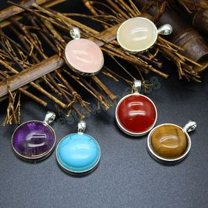 Natural Crystal Stone Pendants Small Round Cabochon Charm Reiki Agates Tiger Eye Pink Quartz Pendant for Necklace Jewelry Making