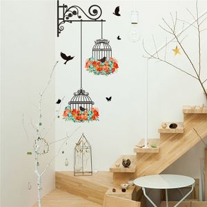 Hushåll Färgglada blommor Birdcage Wall Sticker Decals Flying Birds Plants Adhesive Living Room Wallpaper sovrumsfönsterdekor