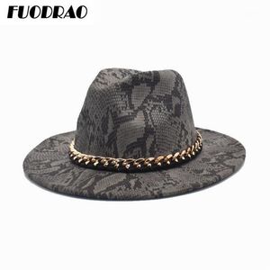 Geniş Memul Şapkalar Fuodrao Yün Fedoras Kadınlar Sonbahar Kış Yılan Baskı Zinciri Panama Caz Caps Vintage Kovboy Şapka Erkekler F113136969073139