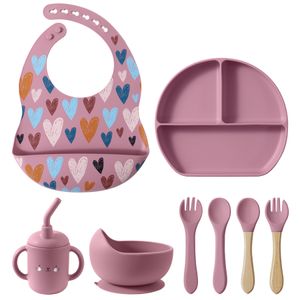 Tassen Geschirr Utensilien 4/5/8 Silikon-Baby-Fütterungsset BPA-frei Saugnapf Futterteller Löffel Gabel Tasse wasserdichtes Lätzchen Kindergeschirr 230615