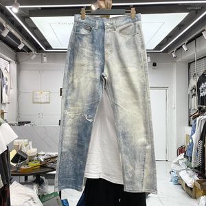 Jeans da uomo Streetwear Tie Dye Washed Distressed Uomo Donna Patchwork di alta qualità Pantaloni casual in tessuto pesante Pantaloni Jean