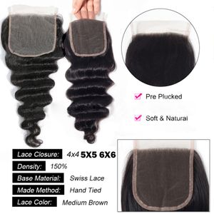 Cabelo humano não processado malaio solto profundo 6 x 6 fechamento de renda com cabelo de bebê pré arrancado 10-24 polegadas fechamento superior