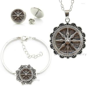 Necklace Earrings Set Vintage Dharma Wheel Glass Dome Buddhist Chakra Spiritual Faith Bracelet HT067