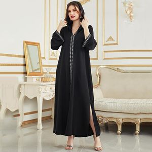 Vestido étnico vestido com capuz preto abaya para mulheres muçulmanas 2023 com zíper de cor sólida mangas compridas Dubai Islâmico Vestidos do Oriente Médio