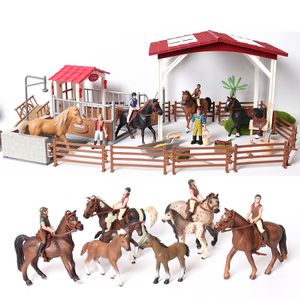 Action Toy Figures Farm Stable Riding School with Riders and Horses Horseman Foals Playset Model Animal Figurine Christmas Birthday Gift 230615