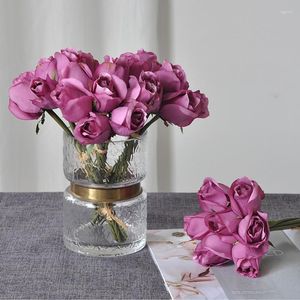 Dekoratif Çiçekler 7 Pc Rose Bunch Nemlendirici Hissettirici Gerçek Dokunmatik Sahte Gelin Buket Düğün Masa Düzeni Ev Dekoru Çiçek Po Props