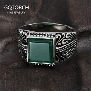 Solitaire Ring 925 Sterling Silver Rings Mens Vintage Flower Engraved Black Green Red Natural Onyx Stone Square Shape Punk Turkey Jewelry 230616