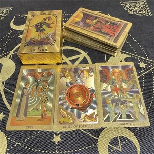 Utomhusspel Aktiviteter Gyllene vackra engelska tarot 12x7cm kort Deck Högkvalitativ guld Big Size Witchcraft Classic för nybörjare med guidebok 230615