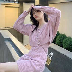 Work Dresses Fashion Women Knitted Short Cardigans Coat Top And Sleeveless Dress Two Piece Sets Female Sundresss Suit Clothes X215