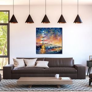 Abstract Wall Art Sailboats in Sunrise Handmade Oil Painting Canvas Artwork Contemporary Home Decor