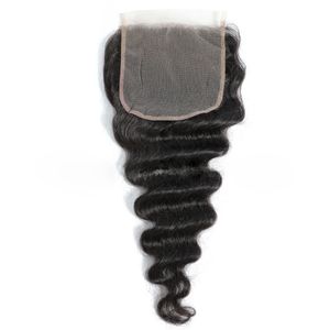 Peruansk lockigt mänskligt hår 6x6 spetsstängning lös djup naturlig färgfri mellersta tre delen med babyhår