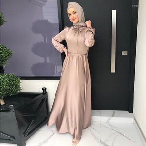 Etniska kläder Satinklänning Ramadan Muslim Fashion Belted Abaya Pakistani Islam Modest Clothting Dubai Turkiet African Hijab Dresses for Women