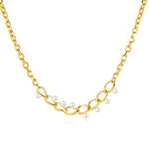 Flickor kvinnor halsband choker rostfritt stål länk kedja med pärlsmycken 15 tum+6 cm guldpläterad n2239