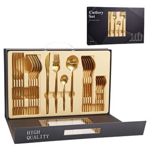 Yemek takımı setleri 24pcs 1810 paslanmaz çelik set siyah altın çatı bıçak takımı çatal bıçağı batı cutleri gümüş sofra malzemeleri 230615