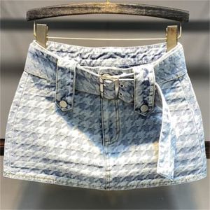 Kjolar sommar houndstooth retro denim kjol kvinnors sexiga mini kort en linje med bälte 230616