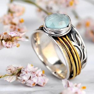 Bröllopsringar vintage Aquamarine Ring Två ton roterbar dekomprimering Natural Stone Moonstone Wide Thumb Boho Ladies