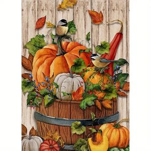 1pc, Fall Home Decorative Pumpkin Gourd Chickadee Garden Flag, Autumn House Yard Maple Leaves Bird Outdoor Welcome Decor, Thanksgiving Farmhouse Outside Burlap