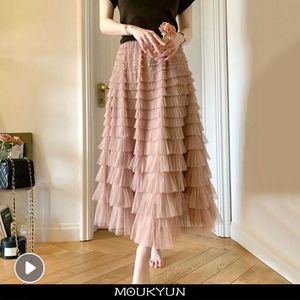 스커트 Moukyun Tutu Cake Skirts 여성 우아한 계단식 주름 장식 라인 긴 스커트 여성 캐주얼 탄성 허리 파티 레이스 스커트 Faldas 230615