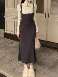 Casual Dresses Deeptown Korean Style Midi Wrap Dress Women Y2K Sexig Elegant Tender Two-Piece Cut Out Folds spets upp långärmad bodycone