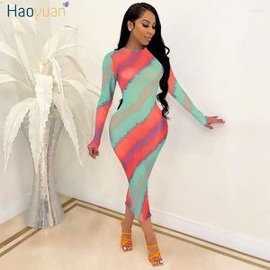 Casual Dresses HAOYUAN Sexy Mesh Sheer Night Party Dress Birthday Club Outfit Women See Through Summer Clothes Long Sleeve Bodycon Midi