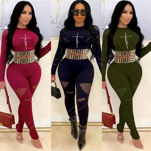 Women's Two Piece Pants Women British Fashion Sports Suit Autumn And Winter Letters Long Sleeve O-Neck T-Shirt Sexy Pencil