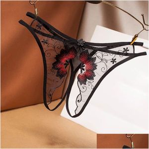 Women'S G-Strings Embroidery Open Crotch G String Panties Gauze Transparent Lingerie Panty Thongs T Back Knickers Briefs Women Under Dhfal