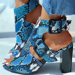 High Heels Party Wedding Woman Sandals Fashion Snake Printed Womens Summer Shoes Square Heels 8 Cm Buckle Strap Pumps