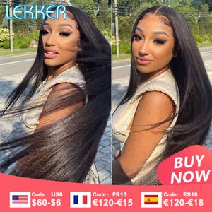 Кружевные парики Lekker Straight 13x4 Прозрачный кружевные фронтальные человеческие волосы парики для женщин, предварительно вырванных, безымянных бразильских волос Реми 180% Плотность 230616
