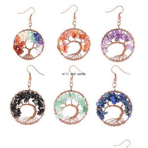 Dangle Chandelier Healing Tree Of Life Pendant Earrings Natural Stone Crystal Fluorite Rose Quartz Ear Rings For Women Christmas W Dh3Id