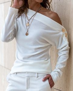 Kadın bluzları eğri boyun düğmesi tasarımı üst üste üstte düğmeler süslenmiş uzun kollu üstler şık yaz moda gömlek beyaz
