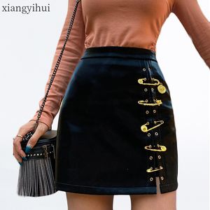 スカートS 4xlゴシックパンクーレザー女性ファッションブラックピンAラインスカート女性ハイウエストパッケージヒップミニ230616