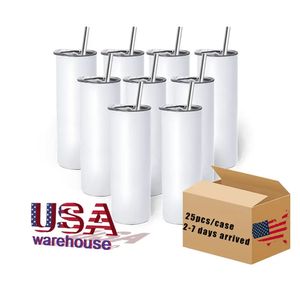 USA/CA Warehouse Sublimation Blanks Tumblers 20oz rostfritt stål raka muggar Vit tumlare med lock och halmvärmeöverföring Giftmugg 4.23