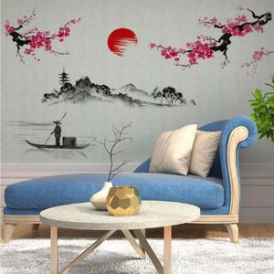 Paisagem Chinesa Montanha-Rio Pintura a Tinta Caligrafia Decalque de Parede Casa Papel de Parede Cartaz Arte Sala de Estar Parede Gráfico100x130cm