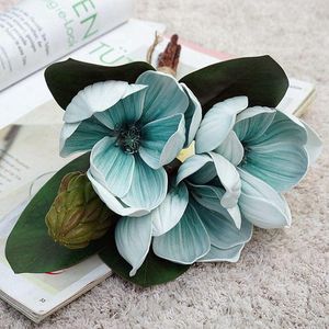 Dekorative Blumen, fühlen sich echt an, künstliche Magnolie, schöne Simulation mit Blättern, DIY, handgefertigt, für Hochzeit, Party, Heimdekoration