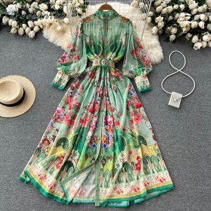 Casual Dresses Fall Women's Bohemian Chiffon Green Maxi Dressturtleneck Lantern Sleeve Single Breasted Flower Print Belt Holiday